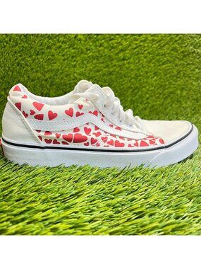 Vans Old Skool Womens Size 7.5 White Red Athletic Skate Walking Shoes Sneakers